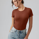 OQQ Women's Crew Neck Short Sleeve Bodysuit Ruched Stretch Vacation Basic for Tops Spring & Summer Caramel