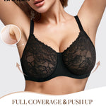 BRABIC Minimizer Bras for Women Full Coverage Seamless Unlined Lace Bra with Underwire Support for Large Breasts, T-Shirt Bra, 38D, Black