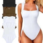 OQQ Women's 3 Piece Bodysuits Sexy Ribbed Strappy Square Neck Sleeveless Tummy Control Tank Tops Bodysuits Black Coffee White