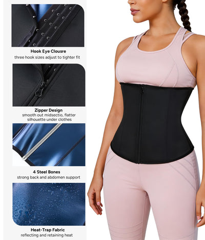 Nebility Waist Trainer for Women Corset Shapewear with Zipper Sweat Waist Trimmer Faja Body Shaper Workout Waist Cincher (Black-blue, X-Small)