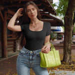 OQQ Women's 2 Piece Bodysuits Sexy Ribbed One Piece Square Neck Short Sleeve Bodysuits Black Rose