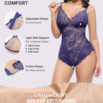 SHAPELLX Lace Body Suits Women Tummy Control Thong Shapewear V-Neck Drawstring Out Going Sculpting Shaper (Purple Large)