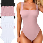 OQQ Women's 3 Piece Bodysuits Sexy Ribbed Strappy Square Neck Sleeveless Tummy Control Tank Tops Bodysuits