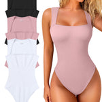 OQQ Women's 3 Piece Bodysuits Sexy Ribbed Strappy Square Neck Sleeveless Tummy Control Tank Tops Bodysuits Black Hide pink White