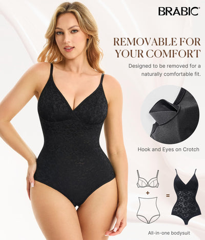 BRABIC Lace Bodysuit for Women Tummy Control Shapewear Sleeveless Tops V-Neck Backless Camisole Jumpsuit Shaper (Black, X-Large)