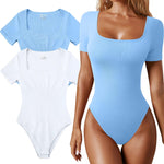OQQ Women's 2 Piece Bodysuits Sexy Ribbed One Piece Square Neck Short Sleeve Bodysuits