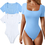OQQ Women's 2 Piece Bodysuits Sexy Ribbed One Piece Square Neck Short Sleeve Bodysuits Candyblue White