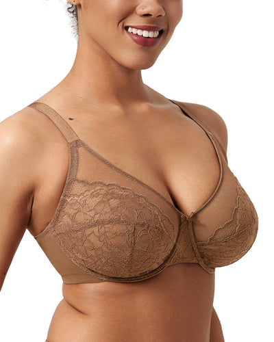 HSIA Minimizer Bras for Women Enchante Full Coverage Underwire Bras Plus Size Lifting Floral Lace Bra for Heavy Breast Coffee