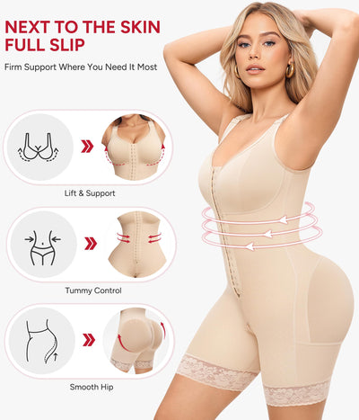Nebility Fajas Colombianas Moldeadoras Shapewear for Women Tummy Control Postpartum Body Shaper Butt Lifter Bodysuit with Zipper Crotch(Beige, X-Small)