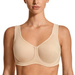 SYROKAN Women's Max Control Underwire Sports Bra High Impact Plus Size with Adjustable Straps Unlined Bra Beige 38DD