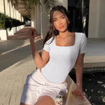 OQQ Women's 2 Piece Bodysuits Sexy Ribbed One Piece Square Neck Short Sleeve Bodysuits Dusty pink White
