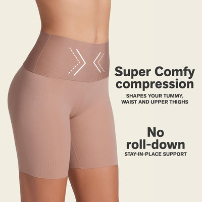 Leonisa Stay-in-Place Seamless Shaper Shorts for Women - High Waisted Shapewear Tummy Control - Anti-chafing Slip Shorts Brown