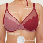 Popilush Minimizer Bra for Women 38DDD Full Bust & Back Smoothing, Full Coverage Everyday Underwire Lace Bra - Red Lacquer Color