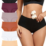 FINETOO Cotton Underwear for Women High Waisted Ribbed Full Coverage Briefs Soft Breathable Moisture Wicking Panties 6 Pack