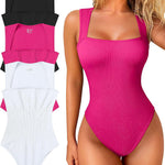 OQQ Women's 3 Piece Bodysuits Sexy Ribbed Strappy Square Neck Sleeveless Tummy Control Tank Tops Bodysuits