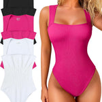 OQQ Women's 3 Piece Bodysuits Sexy Ribbed Strappy Square Neck Sleeveless Tummy Control Tank Tops Bodysuits