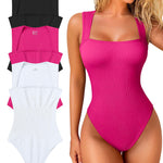 OQQ Women's 3 Piece Bodysuits Sexy Ribbed Strappy Square Neck Sleeveless Tummy Control Tank Tops Bodysuits Black Rose3 White