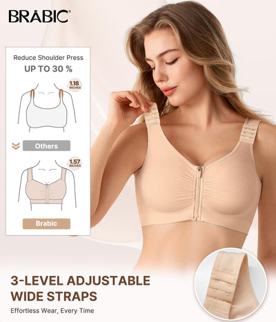BRABIC Zip Front Closure Mastectomy Bras for Women Post Surgery Compression Everyday Surgical Wireless Wide Adjustable Straps(Nude, Large)