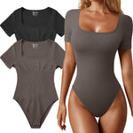 OQQ Women's 2 Piece Bodysuits Sexy Ribbed One Piece Square Neck Short Sleeve Bodysuits