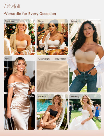 LetsJoli Push Up Strapless Bras for Women Supportive Bandeau Bra Non Slip Wireless No Underwire Padded Tube Bra(Nude,M)