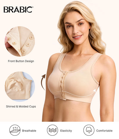 BRABIC Surgical Bra Front Closure - Comfort Compression Mastectomy Bras for Women Post Surgery with Full Coverage (Beige,Small)