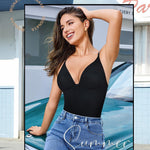 Irisnaya Women's Plunge Deep V Neck Bodysuits with Built in Bra Body Suits | Double-lined shapewear body suits tops has no-wire bra support. Adjustable straps offer a custom fit for work or events.