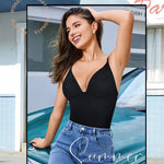 Irisnaya V Neck Bodysuits with Built in Bra Sleeveless Body Suits for Women