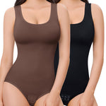 Nebility Women's 2 Piece Bodysuit Shapewear Tummy Control Seamless Round Neck Body Shaper Tank Top BodySuit(Black/Brown 2pk,X-Small-Small)