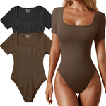 OQQ Women's 2 Piece Bodysuits Sexy Ribbed One Piece Square Neck Short Sleeve Bodysuits Black Coffee