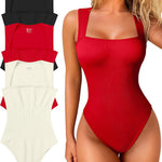 OQQ Women's 3 Piece Bodysuits Sexy Ribbed Strappy Square Neck Sleeveless Tummy Control Tank Tops Bodysuits