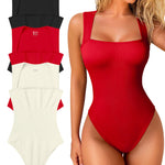 OQQ Women's 3 Piece Bodysuits Sexy Ribbed Strappy Square Neck Sleeveless Tummy Control Tank Tops Bodysuits Black Red Beige
