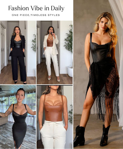 Popilush Faux Leather Shapewear Bodysuit Lace Corset Body Suits for Womens | Tummy Control Shapewear,Thong Body Shaper,Compression Bodysuit Women,Corset Tops for Country Concert,Going Out Summer Outfit