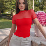 OQQ Women Short Sleeve Bodysuit Tummy Control Shapewear Mesh One Piece Leotard Shirts Going Out Tops Red