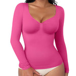 FeelinGirl Compression Long Sleeve Shirts for Women Shapewear Tummy Control Slimming Body Shaper V Neck Shapewear Top Pink Large