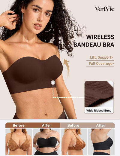 Vertvie Push Up Strapless Bra for Women Non-Slip Wireless Bandeau Bras Padded Tube Top Supportive Bralette(Chocolate,Large,Plain Jersey)