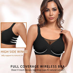 Werena Womens Jelly Wireless Bras V Mesh Push Up Comfortable Bra Full Coverage Supportive No Underwire Seamless Tshirt Bralette (Black,S)