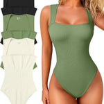 OQQ Women's 3 Piece Bodysuits Sexy Ribbed Strappy Square Neck Sleeveless Tummy Control Tank Tops Bodysuits