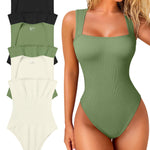 OQQ Women's 3 Piece Bodysuits Sexy Ribbed Strappy Square Neck Sleeveless Tummy Control Tank Tops Bodysuits Black Pea green Beige