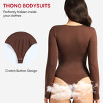 Nebility Brown Long Sleeve Bodysuits for Women Shapewear Square Neck Body Suits Bell Sleeves(Large,Brown)
