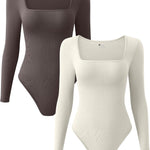 OQQ Women's 2 Piece Bodysuits Sexy Ribbed One Piece Square Neck Long Sleeve Tops