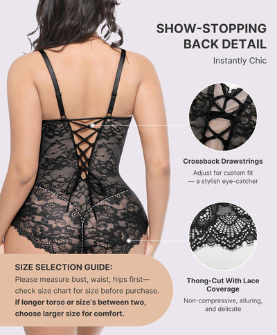 SHAPELLX Lace Bodysuit for Women V Neck Tummy Control Shapewear Thong Sculpting Snatched Waist Body Shaper (Black Large)