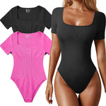 OQQ Women's 2 Piece Bodysuits Sexy Ribbed One Piece Square Neck Short Sleeve Bodysuits