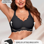 OEAK Women Jelly Bras No Underwire Scalloped Push Up Buttery Soft Tshirt Bra Seamless Full Coverage Convertible Everyday Bra Black,L