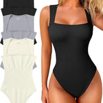 OQQ Women's 3 Piece Bodysuits Sexy Ribbed Strappy Square Neck Sleeveless Tummy Control Tank Tops Bodysuits