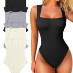 OQQ Women's 3 Piece Bodysuits Sexy Ribbed Strappy Square Neck Sleeveless Tummy Control Tank Tops Bodysuits Black Grey Beige