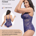 SHAPELLX Lace Body Suits Women Tummy Control Thong Shapewear V-Neck Drawstring Out Going Sculpting Shaper (Purple Large)