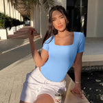 OQQ Women's 2 Piece Bodysuits Sexy Ribbed One Piece Square Neck Short Sleeve Bodysuits Candyblue White