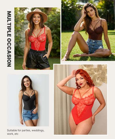 SHAPELLX Corset Bodysuit for women Tummy Control Lace Shapewear Body Suit for Women Backless Body Shaper V Neck Lingerie
