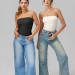 OQQ Womens Tube Bodysuits Strapless Basic Sleeveless Ruched Stretch Classic-Fit Tops Sexy Bodysuits Beige
