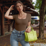 OQQ Women's 2 Piece Bodysuits Sexy Ribbed One Piece Square Neck Short Sleeve Bodysuits Black Coffee